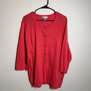 CJ Banks Cardigan Sweater Womens 2X Coral Pointelle Chevron Detail Button Front